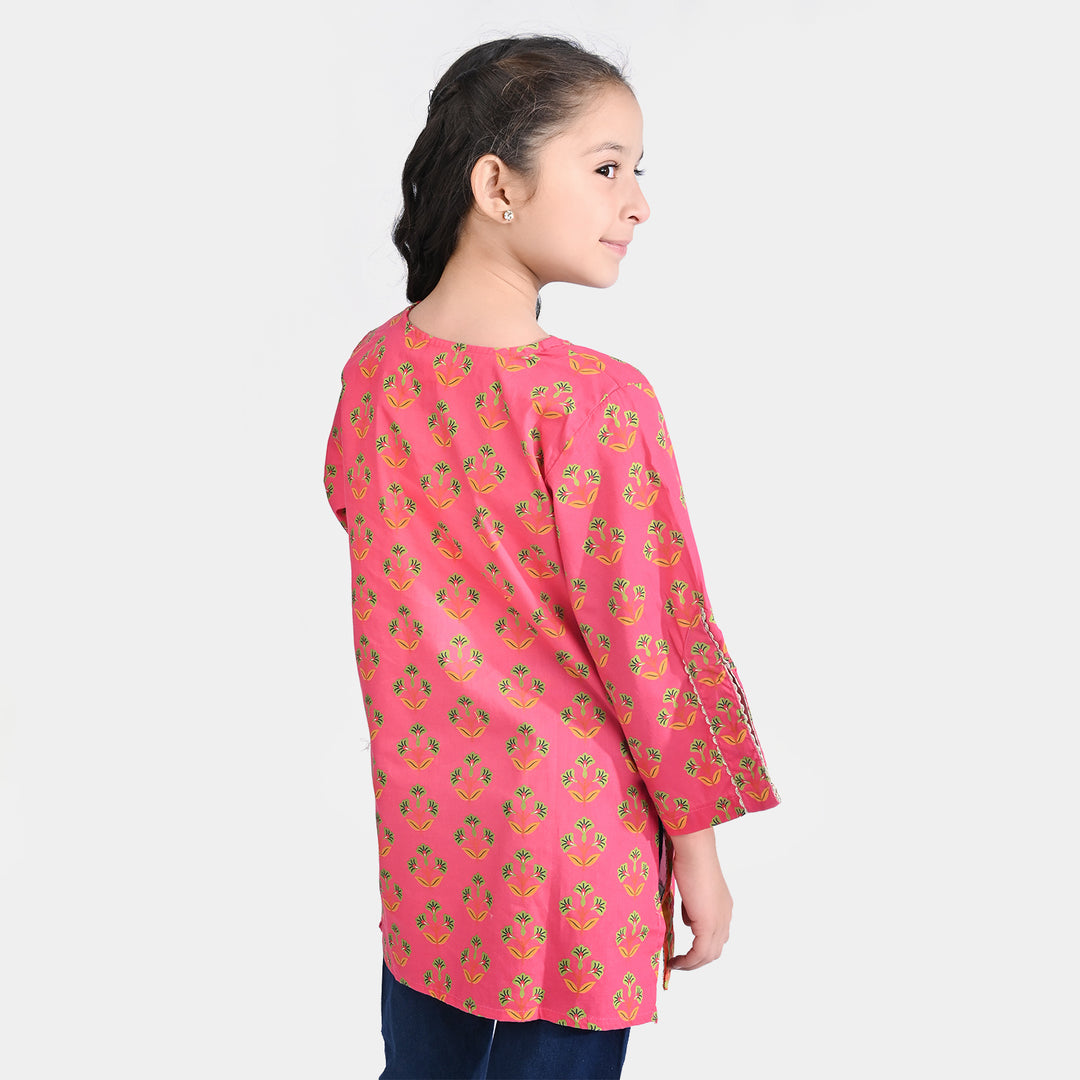 Girls Cotton Poplin Printed Kurti -Pink