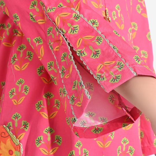 Girls Cotton Poplin Printed Kurti -Pink