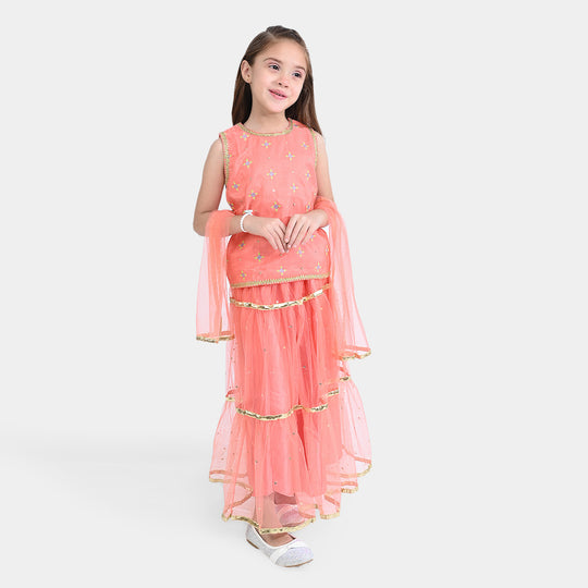 Girls Raw Silk Sleeve Less 3Pcs Suit Mena | Peach