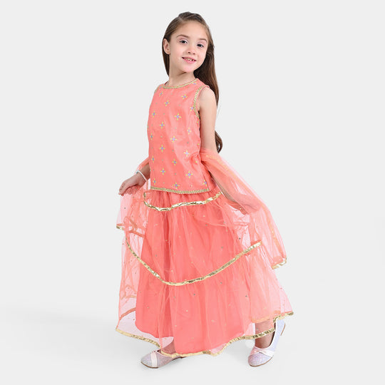 Girls Raw Silk Sleeve Less 3Pcs Suit Mena | Peach