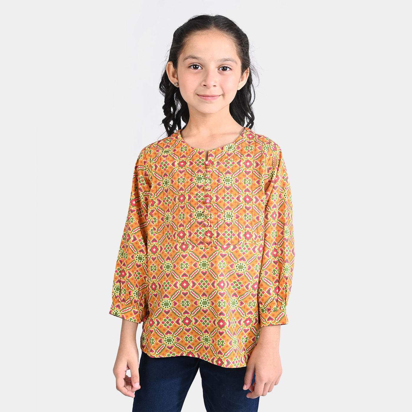 Girls Cotton Poplin Casual Top Ikat Pattern-Mustard