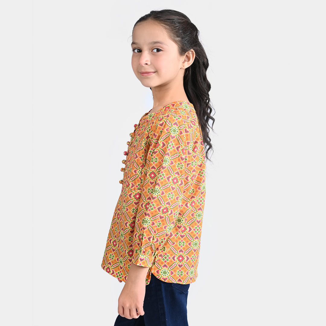 Girls Cotton Poplin Casual Top Ikat Pattern-Mustard