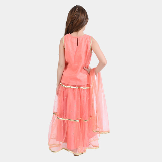 Girls Raw Silk Sleeve Less 3Pcs Suit Mena | Peach