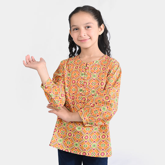 Girls Cotton Poplin Casual Top Ikat Pattern-Mustard