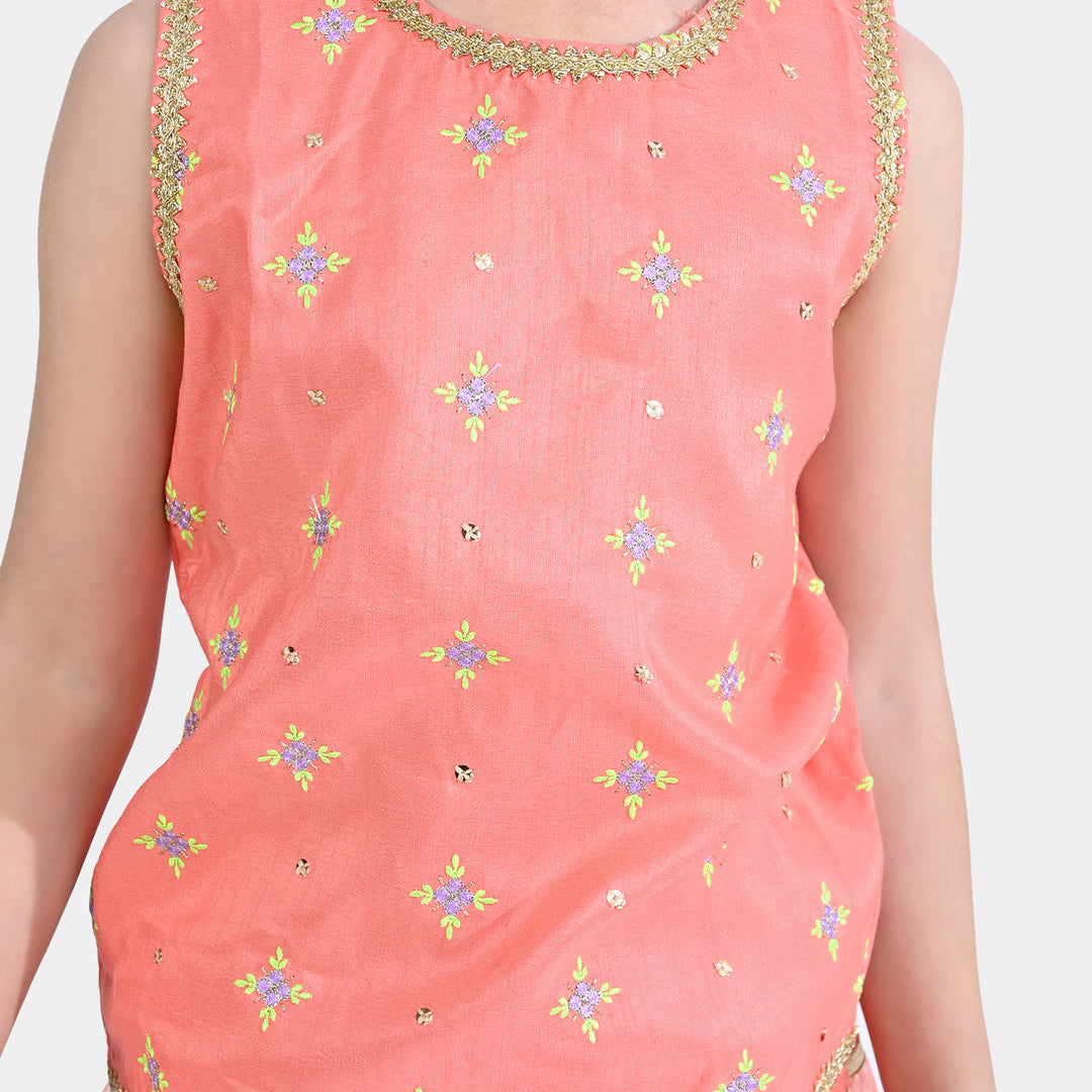 Girls Raw Silk Sleeve Less 3Pcs Suit Mena | Peach