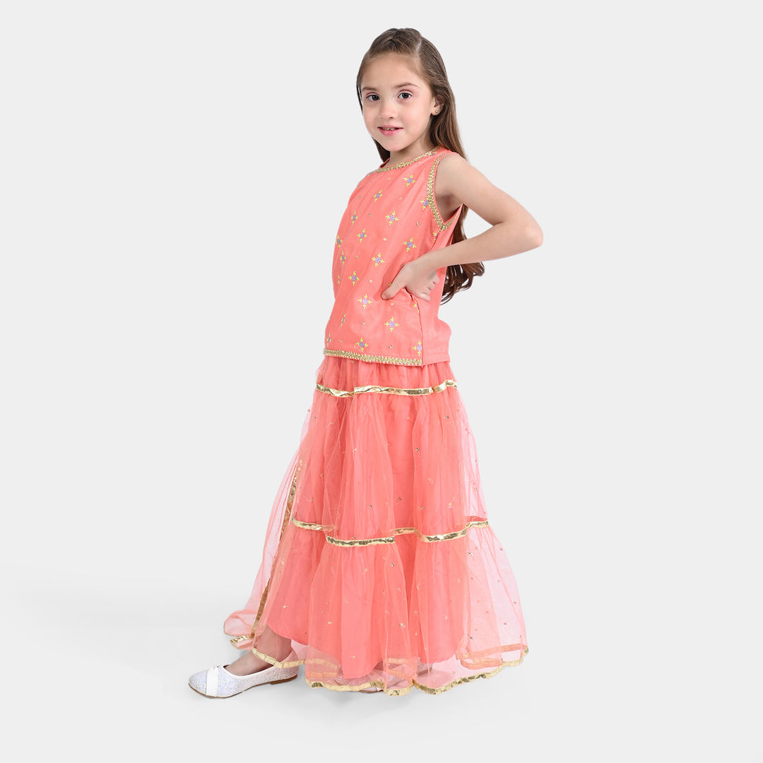 Girls Raw Silk Sleeve Less 3Pcs Suit Mena | Peach