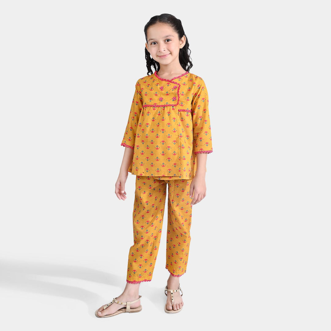 Girls Cotton Slub Printed 2PC Chintz Floral-Mustard