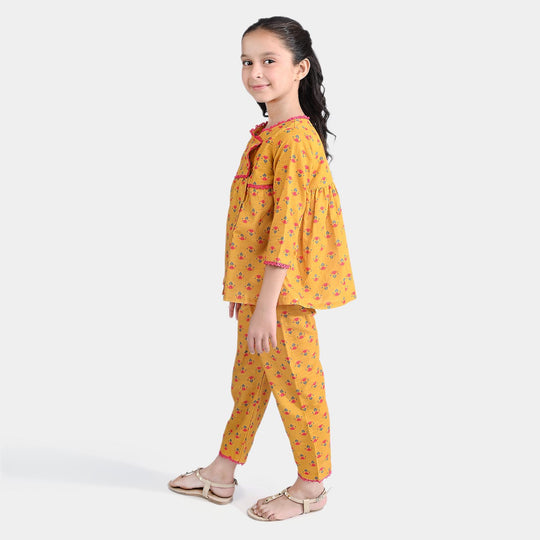 Girls Cotton Slub Printed 2PC Chintz Floral-Mustard