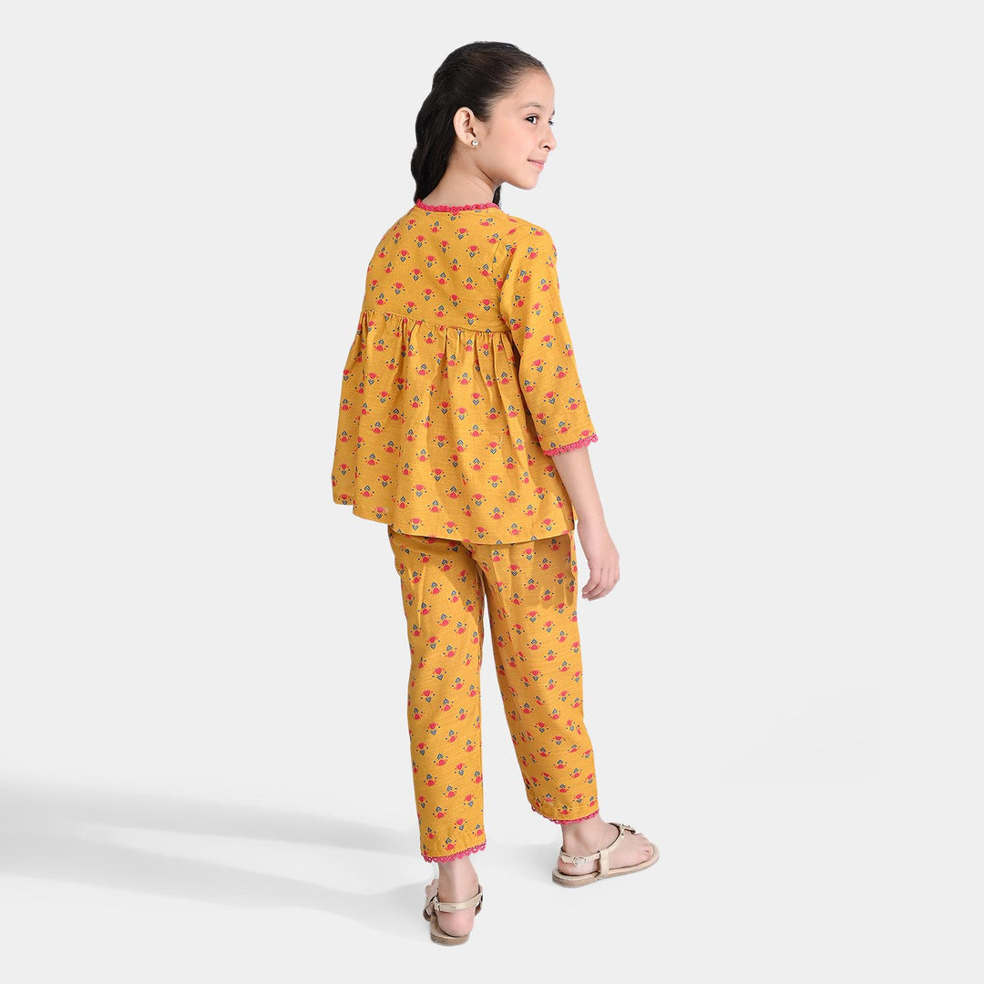 Girls Cotton Slub Printed 2PC Chintz Floral-Mustard