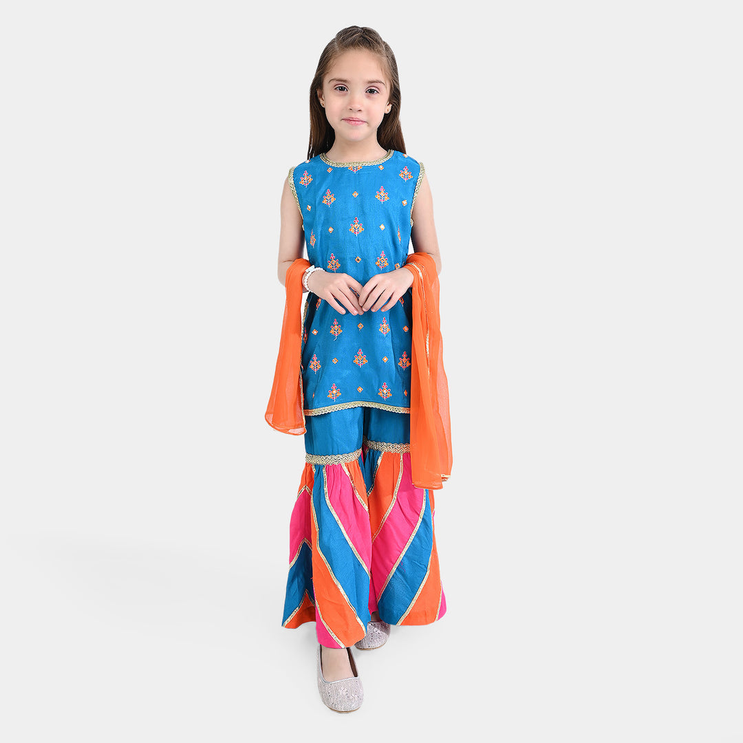 Girls Raw Silk Sleeve Less 3Pcs Bahaar - Blue