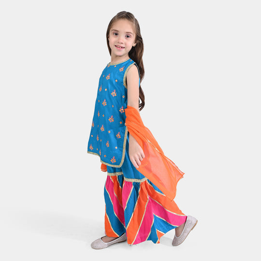 Girls Raw Silk Sleeve Less 3Pcs Bahaar - Blue