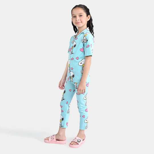 Girls Poly Cotton Jersey Nightwear Suit Character- Blue