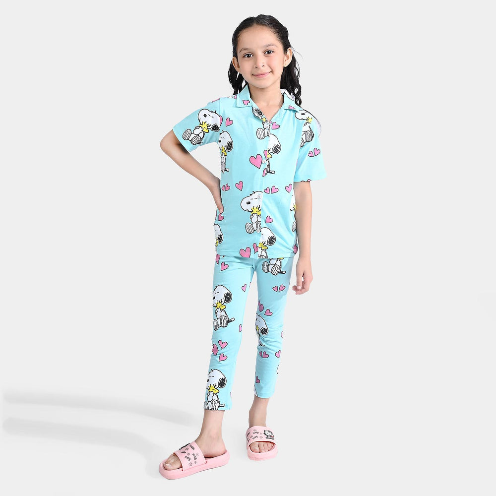 Girls Poly Cotton Jersey Nightwear Suit Character- Blue