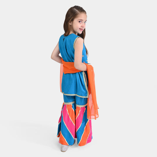 Girls Raw Silk Sleeve Less 3Pcs Bahaar - Blue