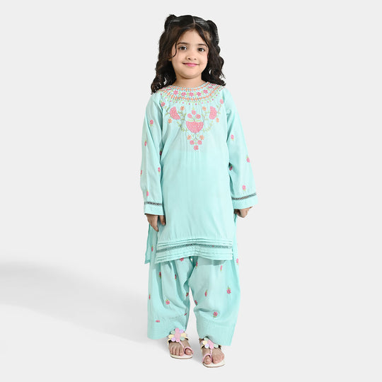 Girls Poly Cambric Embroidered 2Pcs - Mint Green