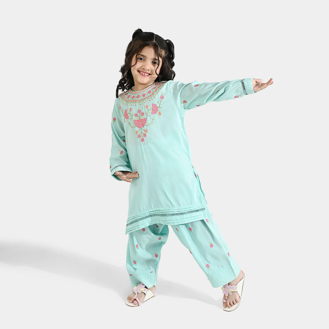 Girls Poly Cambric Embroidered 2Pcs - Mint Green