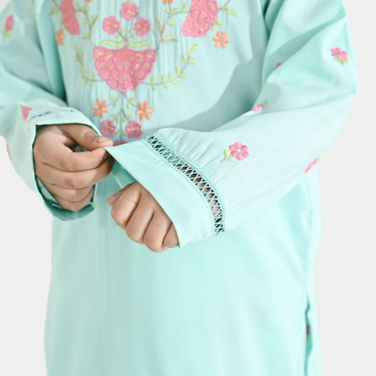 Girls Poly Cambric Embroidered 2Pcs - Mint Green