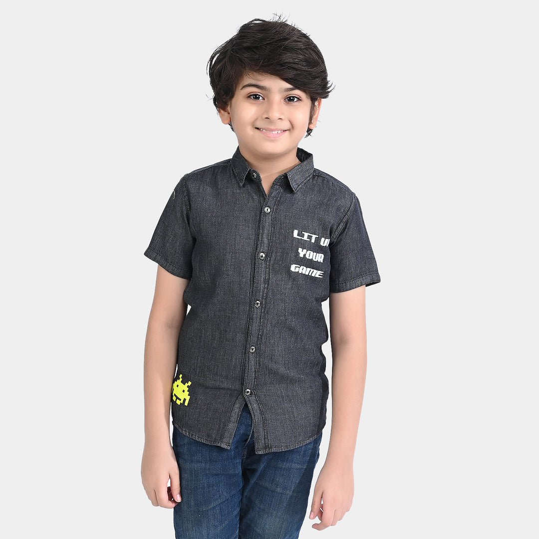 Boys Denim rigid Shirt H/S Lit Up Your Game-BLACK