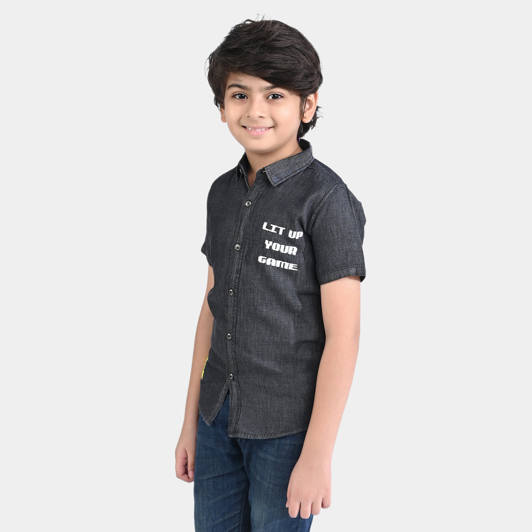 Boys Denim rigid Shirt H/S Lit Up Your Game-BLACK