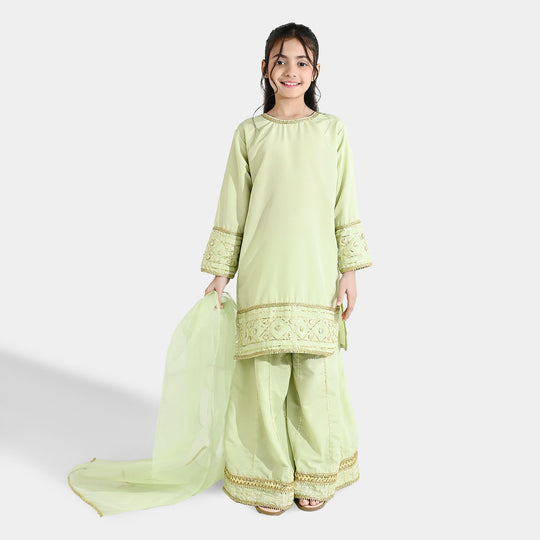Girls Raw Silk 3-Piece Set (Jahan Ara) - Pista Green