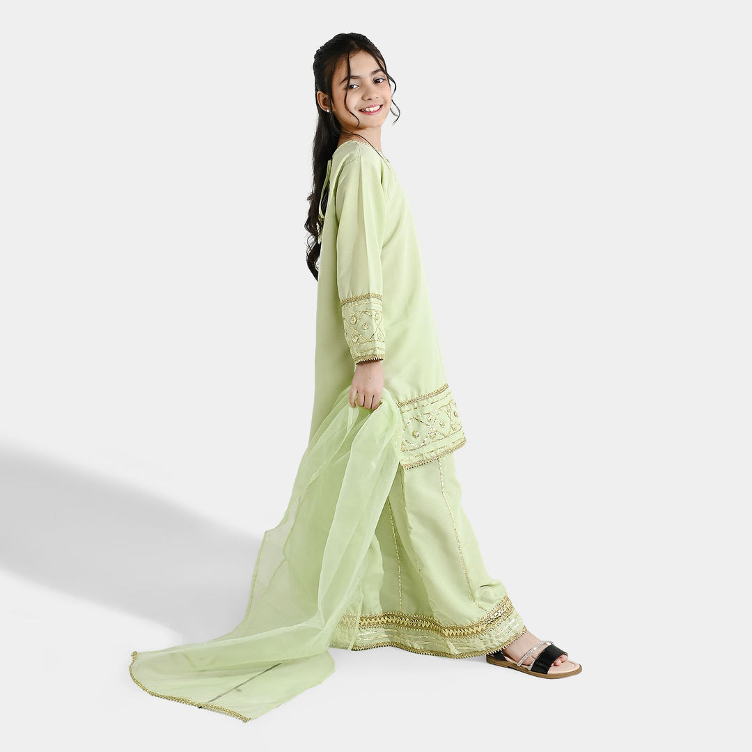Girls Raw Silk 3-Piece Set (Jahan Ara) - Pista Green