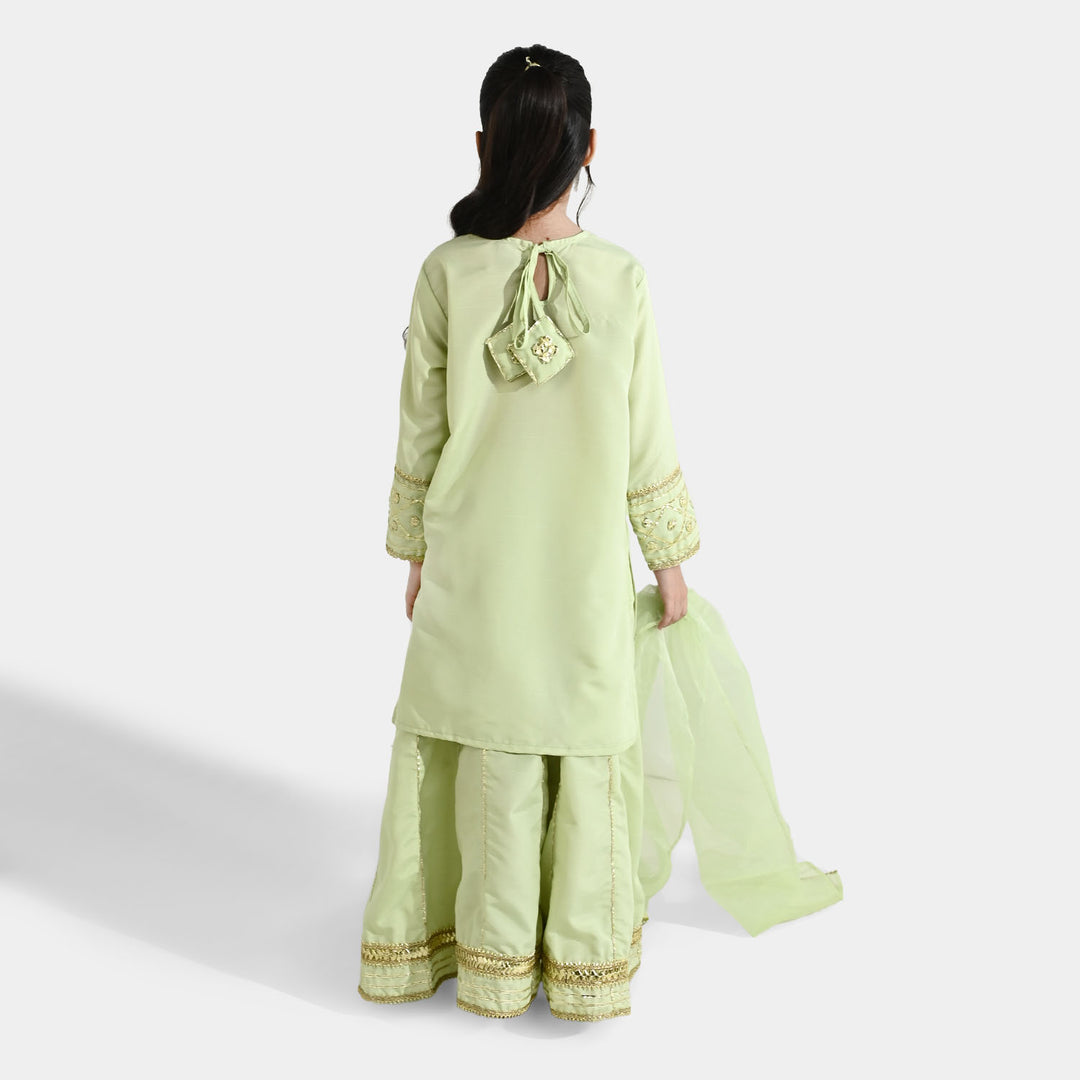Girls Raw Silk 3-Piece Set (Jahan Ara) - Pista Green