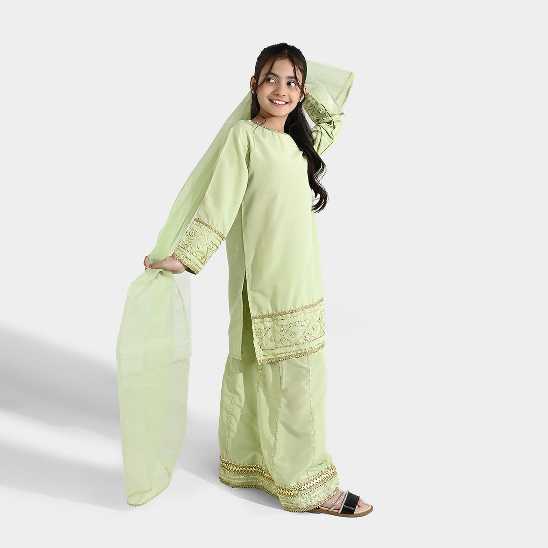 Girls Raw Silk 3-Piece Set (Jahan Ara) - Pista Green