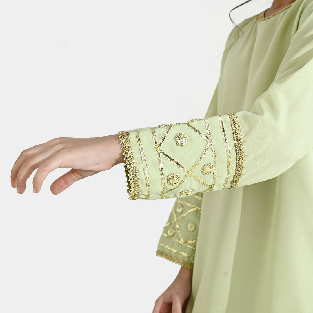 Girls Raw Silk 3-Piece Set (Jahan Ara) - Pista Green