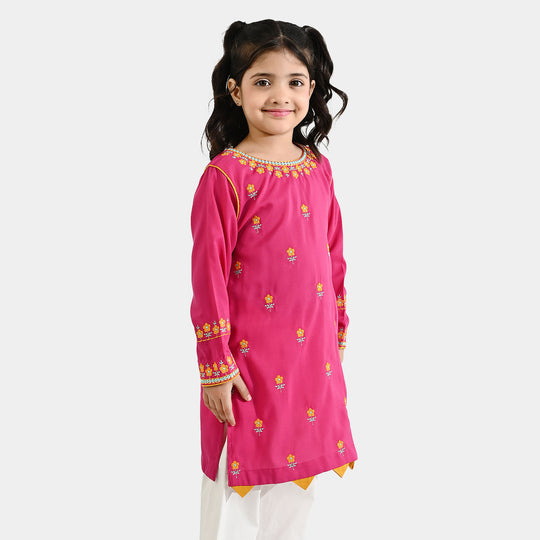 Girls Poly Cambric Embroidered Kurti Pari Noor - Shocking Pink