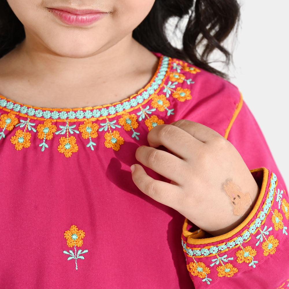 Girls Poly Cambric Embroidered Kurti Pari Noor - Shocking Pink