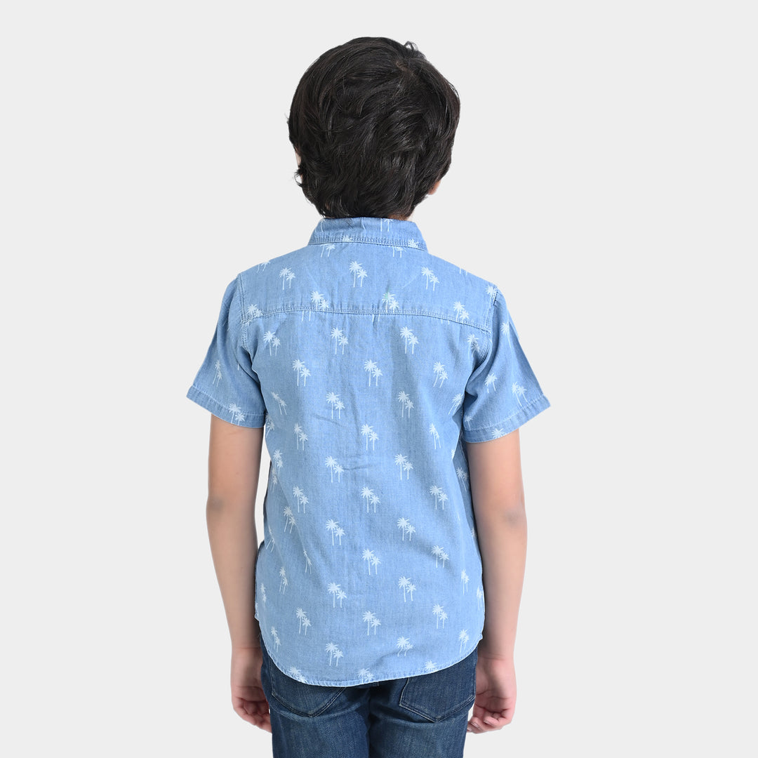 Boys Denim rigid Shirt H/S Palm Discharge-Lt Blue