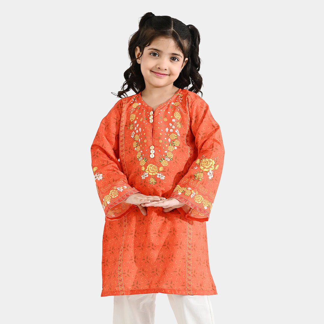 Girls Poly Cambric Printed Kurti - Orange