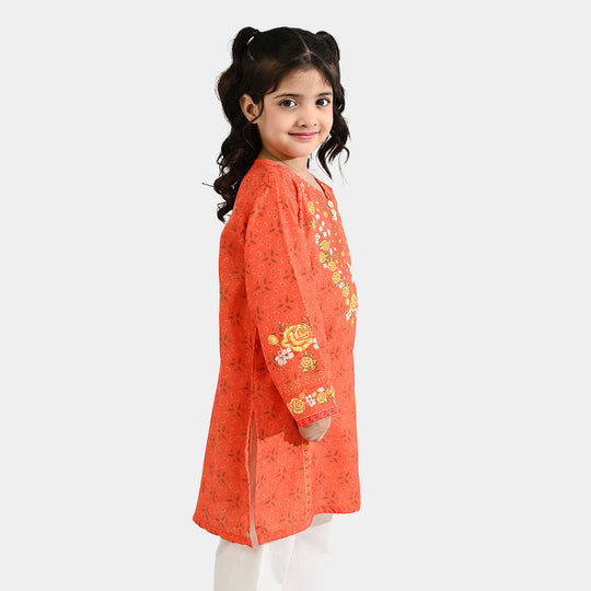 Girls Poly Cambric Printed Kurti - Orange