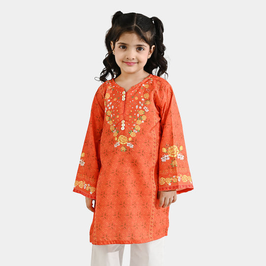 Girls Poly Cambric Printed Kurti - Orange