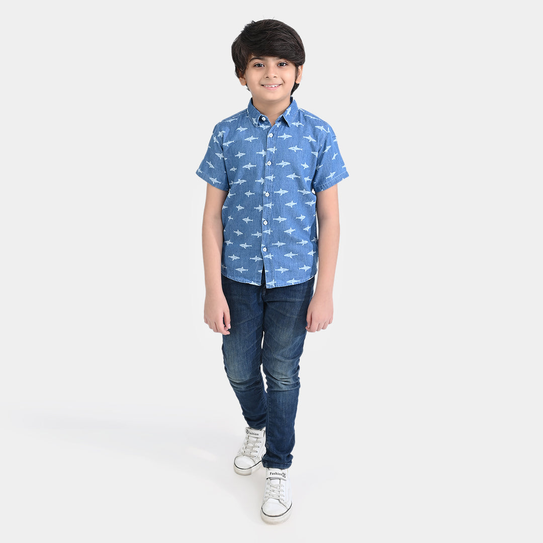 Boys Denim rigid Shirt H/S Sharks-MD. Blue