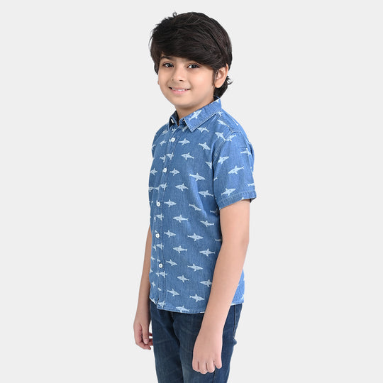 Boys Denim rigid Shirt H/S Sharks-MD. Blue