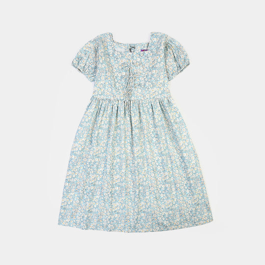 Girls Cotton Printed Frock Chintz-Blue