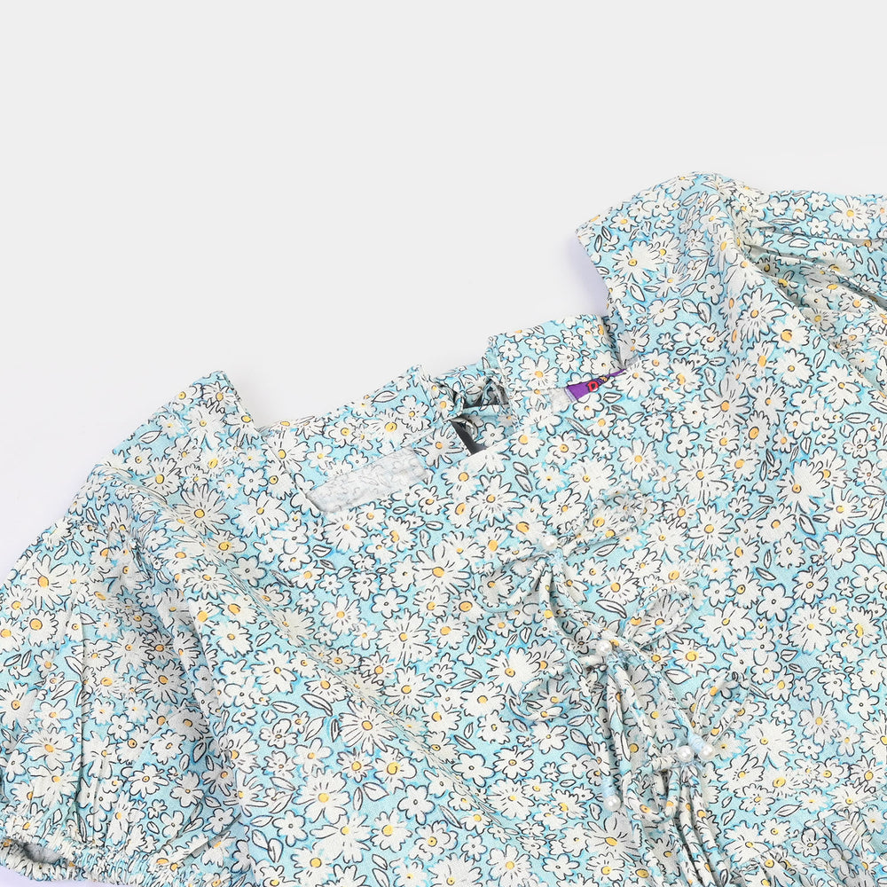 Girls Cotton Printed Frock Chintz-Blue