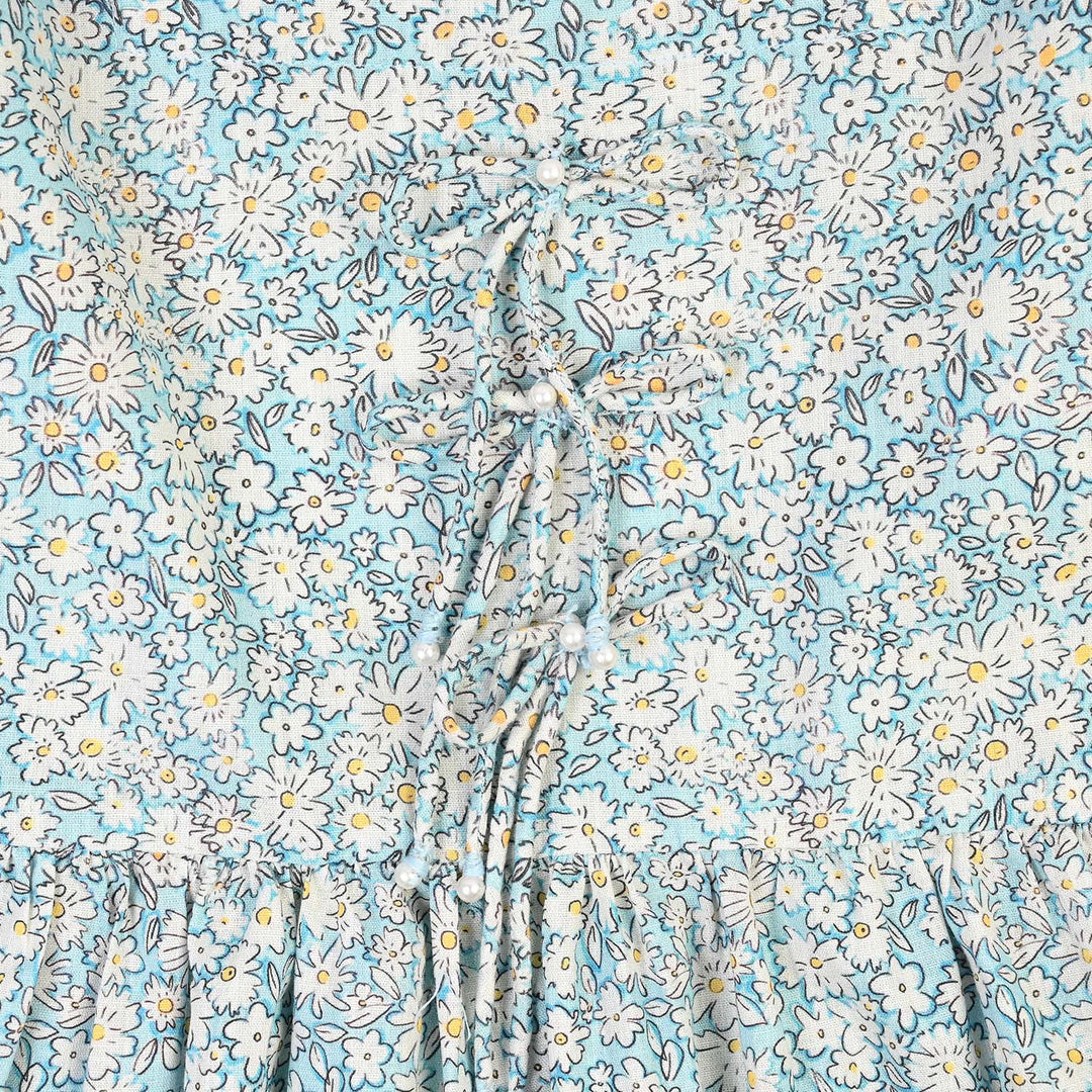 Girls Cotton Printed Frock Chintz-Blue