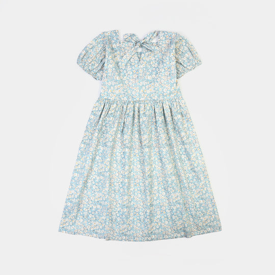 Girls Cotton Printed Frock Chintz-Blue