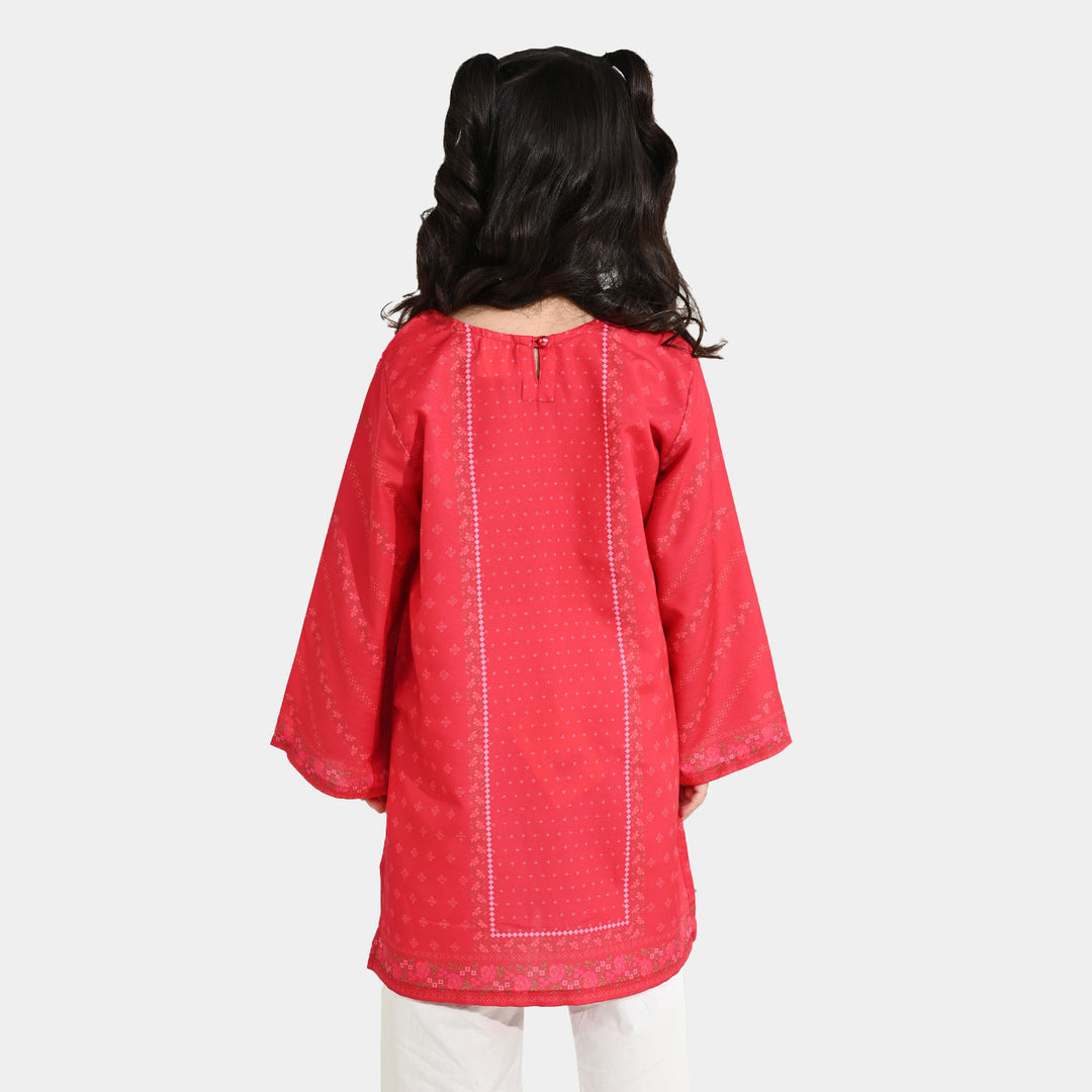 Girls Poly Twill Printed Kurti - Shocking Pink