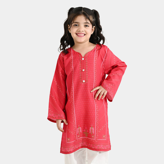 Girls Poly Twill Printed Kurti - Shocking Pink