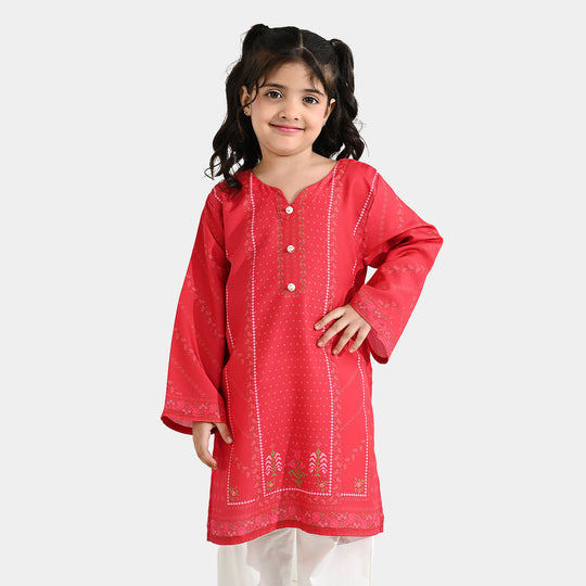 Girls Poly Twill Printed Kurti - Shocking Pink