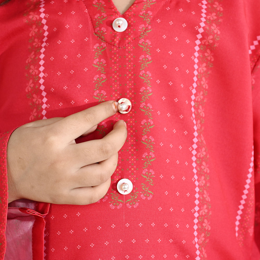 Girls Poly Twill Printed Kurti - Shocking Pink