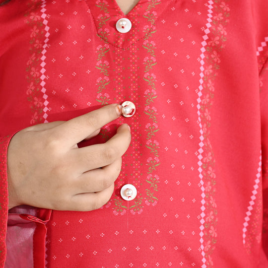 Girls Poly Twill Printed Kurti - Shocking Pink