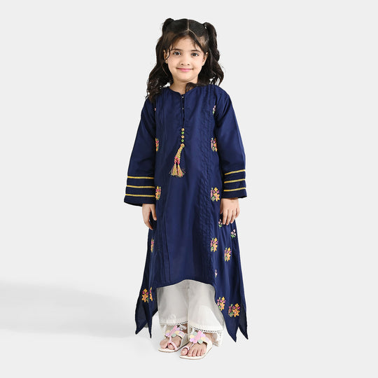 Girls Poly Cambric Embroidered Kurti (Dira E-Noor) - Navy Blue