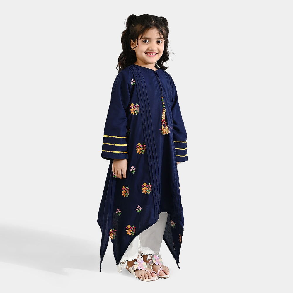Girls Poly Cambric Embroidered Kurti (Dira E-Noor) - Navy Blue