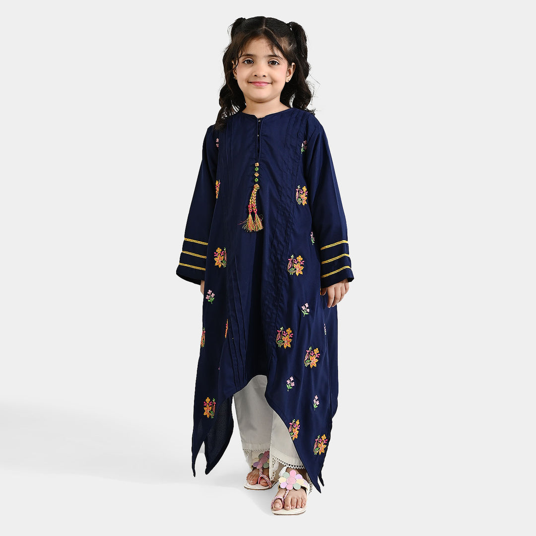 Girls Poly Cambric Embroidered Kurti (Dira E-Noor) - Navy Blue