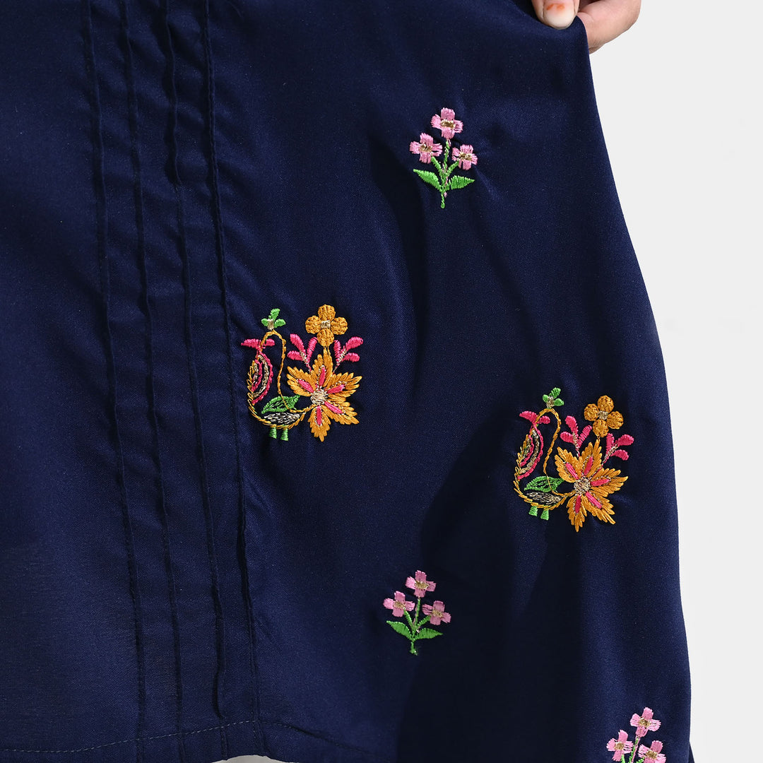 Girls Poly Cambric Embroidered Kurti (Dira E-Noor) - Navy Blue