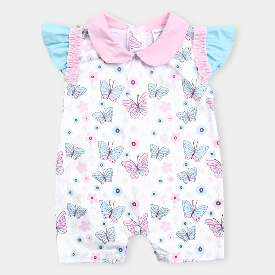 Infant Girls Cotton Interlock Romper-White/Pink